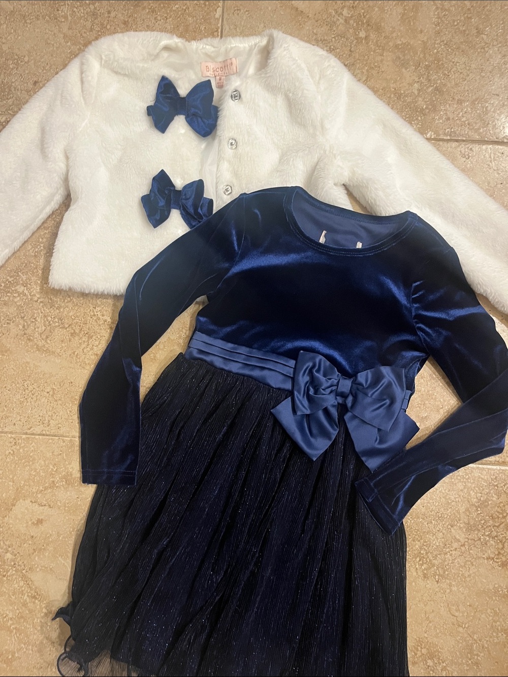 Biscotti Navy Velvet Bow Party Dress with White Faux-Fur Bolero